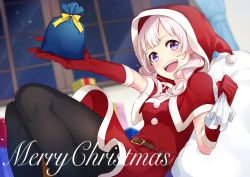 Rule 34 | 1girl, black pantyhose, blurry, blurry background, bon (bonbon315), breasts, christmas, commentary request, gift, gloves, hat, holding, holding gift, holding sack, indoors, medium breasts, merry christmas, open mouth, original, pantyhose, purple eyes, red gloves, red hat, sack, santa hat, smile, solo, white hair