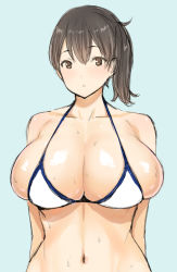 Rule 34 | 10s, 1girl, bad id, bad pixiv id, black hair, blue background, blush, breasts, brown eyes, brown hair, bursting breasts, cleavage, collarbone, gigantic breasts, huge breasts, kaga (kancolle), kantai collection, looking at viewer, navel, parted lips, poin (hidsuki), side ponytail, simple background, solo, upper body, wet