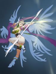 Rule 34 | 1girl, aiming, angel wings, angewomon, arrow (projectile), ass, asymmetrical footwear, belt, blonde hair, boots, bow, bow (weapon), breasts, cleavage, covered eyes, digimon, digimon (creature), hagoromo, helmet, high heel boots, high heels, highres, holding, holding arrow, holding bow (weapon), holding weapon, large breasts, leg up, long hair, mismatched footwear, muramura hito, o-ring, o-ring belt, open mouth, shawl, solo, standing, standing on one leg, weapon, white footwear, white wings, winged helmet, wings