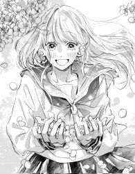Rule 34 | 1girl, :d, blush, cherry blossoms, collarbone, corrupted twitter file, cupping hands, flower, greyscale, happy, highres, holding, holding petal, long hair, long sleeves, looking at hand, looking at object, monochrome, neckerchief, open mouth, original, outdoors, own hands together, petals, pleated skirt, sailor collar, saitou shiori (pixiv14549321), school uniform, serafuku, sketch, skirt, sleeve cuffs, smile, solo, wind