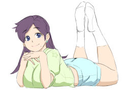 Rule 34 | 1girl, ass, blue shorts, blush stickers, breasts, breasts squeezed together, calf socks, commentary request, earrings, full body, green shirt, jewelry, large breasts, legs up, lips, long hair, looking at viewer, lying, mature female, mole, mole under mouth, nemui333, no shoes, on stomach, original, parted bangs, purple hair, shirt, short shorts, shorts, simple background, smile, solo, the pose, thighs, white background, white legwear