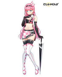 Rule 34 | 1girl, 3:, alternate color, bare shoulders, belt, black footwear, blue eyes, boots, breasts, cleavage, closers, crop top, cropped vest, elbow gloves, frown, full body, gloves, hairband, hand on own chest, hand up, high heel boots, high heels, highres, holding, holding umbrella, long hair, looking at viewer, medium breasts, midriff, miniskirt, navel, non-web source, official art, open clothes, pink hair, race queen, seulbi lee, skirt, sleeveless, solo, stomach, thigh boots, thighhighs, thighhighs under boots, umbrella, very long hair, vest, white thighhighs, zettai ryouiki