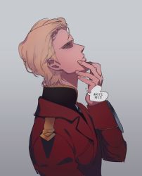 Rule 34 | 1boy, bad id, bad pixiv id, blonde hair, blue eyes, char&#039;s counterattack, char aznable, gundam, hand on own face, jacket, looking up, male focus, military, military uniform, red jacket, sakanaokashi, short hair, solo, translation request, uniform