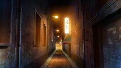 Rule 34 | alley, building, commentary, door, english commentary, highres, hotel, lamppost, light, night, night sky, no humans, original, outdoors, rkmlady, sky, window