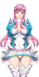 Rule 34 | 1girl, aqua eyes, blush, breasts, cleavage, closed game, cowboy shot, dress, fur trim, hair ornament, lacey mallett, large breasts, long hair, looking at viewer, pink hair, see-through, sei shoujo, skirt, smile, solo, thighhighs, thong, transparent background, wristband
