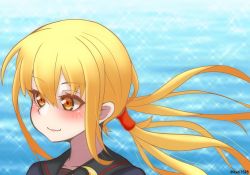 Rule 34 | black serafuku, blonde hair, commentary request, crescent, crescent pin, daichi (daiti1318), kantai collection, long hair, looking to the side, ocean, one-hour drawing challenge, satsuki (kancolle), school uniform, serafuku, smile, solo, twintails, twitter username, upper body, water, yellow eyes