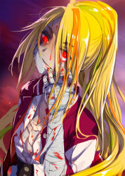Rule 34 | 1girl, bandages, bandaged arm, bandages, blonde hair, blood, blood on face, commentary request, highres, jacket, letterman jacket, long hair, mikazuki akira!, mouth pull, night, nikaidou saki, open clothes, open jacket, ponytail, red eyes, solo, teeth, very long hair, zombie, zombie land saga
