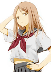 Rule 34 | 1girl, absurdres, arm up, brown eyes, brown hair, closed mouth, grey skirt, hand on own hip, highres, long hair, looking at viewer, mercy rabbit, natsume reiko, natsume yuujinchou, neckerchief, pleated skirt, red neckerchief, school uniform, serafuku, sidelocks, signature, simple background, skirt, solo, upper body, white background