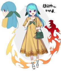 Rule 34 | 1girl, absurdres, adapted costume, alternate costume, blue footwear, blue hair, bow, character charm, character doll, charm (object), dress, green bag, hair bow, haniwa (statue), haniyasushin keiki, highres, jewelry, joutouguu mayumi, keiki8296, long hair, magatama, necklace, open mouth, purple eyes, ribbon, sandals, short sleeves, smile, touhou, wide sleeves, yellow dress
