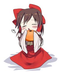 Rule 34 | 1girl, blush, bow, brown hair, closed eyes, commentary request, cookie (touhou), detached sleeves, dress, food, frilled hair tubes, frills, fruit, full body, hair bow, hair tubes, hakurei reimu, heart, holding orange, ketsuban equals rira, long dress, long hair, open mouth, orange (fruit), red bow, red dress, sakenomi (cookie), sidelocks, simple background, sleeves past fingers, sleeves past wrists, solo, touhou, triangle mouth, white background, white sleeves, wide sleeves