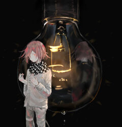 Rule 34 | 1boy, black background, checkered clothes, checkered scarf, danganronpa (series), danganronpa v3: killing harmony, different reflection, grey jacket, grey pants, highres, jacket, light bulb, long sleeves, male focus, official alternate costume, oma kokichi, oversized object, pants, red eyes, reflection, rowa (maro kyrw), scarf, solo, standing