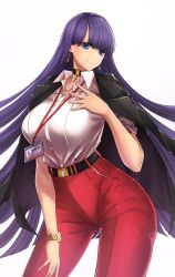 Rule 34 | 1girl, absurdres, belt, black jacket, blue eyes, blunt bangs, breasts, casul, choker, closed mouth, collared shirt, dress shirt, earrings, fate/grand order, fate (series), highres, id card, jacket, jacket on shoulders, jewelry, lanyard, large breasts, long hair, looking at viewer, martha (fate), office lady, open clothes, open jacket, pants, purple hair, red pants, shirt, simple background, sleeves rolled up, smile, watch, white shirt, wristwatch