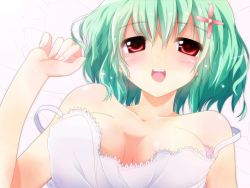 Rule 34 | 1girl, bare shoulders, blush, breasts, cleavage, colorized, female focus, green hair, highres, kazami yuuka, looking at viewer, lying, on back, open mouth, pilky, red eyes, smile, solo, touhou, yuuhi alpha