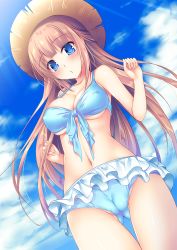 Rule 34 | 1girl, bikini, blue bikini, blue eyes, blush, breasts, brown hair, cameltoe, cleavage, cloud, day, covered erect nipples, frilled bikini, frills, from below, front-tie top, hat, highres, long hair, massan, navel, original, solo, standing, swimsuit