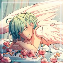 Rule 34 | 1boy, ahoge, androgynous, angel wings, character request, check character, cheer (cheerpuppy14), commentary, earrings, feathered wings, flower, green hair, jewelry, looking at viewer, lotus, lying, male focus, mikaze ai, necklace, on stomach, pillow, pink flower, smile, solo, teeth, unworn jewelry, unworn necklace, uta no prince-sama, white wings, wings