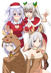 Rule 34 | 10s, 4girls, airi arcadia, animal costume, bell, blush, brave witches, breasts, brown eyes, capelet, choker, cleavage, cleavage cutout, clothing cutout, collar, crossover, edytha rossmann, gakusen toshi asterisk, grey eyes, hair bell, hair ornament, heart cutout, highres, large breasts, long hair, looking at viewer, multiple girls, neck bell, nose blush, panties, pom pom (clothes), purple eyes, qualidea code, reindeer costume, sa no hi ra mugi, saijaku muhai no bahamut, santa costume, short hair, silver hair, sitting, small breasts, smile, tail, tenkawa maihime, toudou kirin, trait connection, two side up, underwear, waving, world witches series