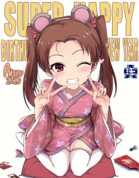 Rule 34 | 1girl, 2020, animal ears, blush, brown eyes, brown hair, character name, double v, fake animal ears, girls und panzer, grin, happy new year, heart, japanese clothes, kadotani anzu, kasai shin, kimono, long hair, long sleeves, looking at viewer, mouse ears, new year, one eye closed, parted lips, sitting, smile, solo, teeth, thighhighs, twintails, v, wariza, white thighhighs
