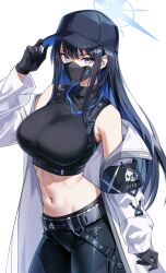 Rule 34 | 1girl, absurdres, bare shoulders, baseball cap, bee doushi, belt, black gloves, black hair, black hat, black shirt, blue archive, blue eyes, blue hair, blunt bangs, breasts, coat, crop top, gloves, halo, hat, head tilt, highres, large breasts, long hair, long sleeves, looking at viewer, mask, midriff, mouth mask, multicolored hair, navel, open clothes, open coat, pants, saori (blue archive), shirt, sidelocks, simple background, sleeveless, sleeveless shirt, solo, stomach, two-tone hair, white background, white coat