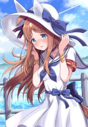 Rule 34 | 1girl, animal ears, animal hat, armband, blue bow, blue eyes, blue neckerchief, blush, bow, breasts, brown hair, commentary request, crouching start, day, dress, fake animal ears, grass wonder (umamusume), hands on headwear, hands up, hat, hat bow, highres, horse girl, long hair, looking at viewer, neckerchief, outdoors, parted bangs, parted lips, pleated dress, railing, sailor collar, sailor dress, short sleeves, small breasts, solo, sun hat, umamusume, very long hair, water, white hat, white sailor collar