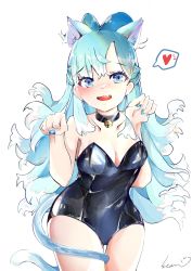 Rule 34 | 1girl, absurdres, animal ears, aqua hair, bell, black leotard, blue eyes, blush, breasts, cat ears, cat tail, claw pose, cleavage, fang, heart, highres, hololive, hololive indonesia, kobo kanaeru, leotard, long hair, medium breasts, neck bell, parted lips, seanliao1998, signature, skin fang, solo, spoken heart, strapless, strapless leotard, tail, tail wrap, tongue, virtual youtuber