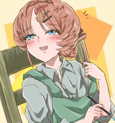 Rule 34 | 1girl, alternate hairstyle, apron, blue eyes, blush, braid, brown hair, chair, collared shirt, crown braid, fangs, fate/grand order, fate (series), flower, green apron, hair flower, hair ornament, hairclip, hand up, highres, holding, holding paintbrush, long sleeves, looking to the side, open mouth, paintbrush, shimogamo (shimomo 12), shirt, side braid, sitting, solo, sunflower, sunflower hair ornament, teeth, tongue, upper body, van gogh (fate)