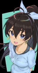Rule 34 | 1girl, antenna hair, arms behind back, black background, black hair, blue background, blue bow, blue eyes, blue shirt, blush, bow, collarbone, commentary request, earrings, fang, ganaha hibiki, hair bow, highres, idolmaster, idolmaster (classic), jewelry, long hair, looking at viewer, open mouth, ponytail, shirt, short sleeves, smile, solo, sutora binsuke, two-tone background, undershirt, upper body