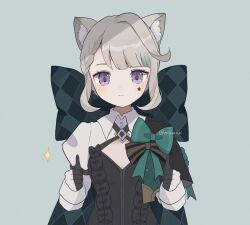Rule 34 | 1girl, :|, animal ear fluff, animal ears, argyle, argyle bow, black dress, black gloves, blush, bow, breasts, cat ears, cat girl, cleavage cutout, closed mouth, clothing cutout, commentary, double thumbs up, dress, expressionless, facial mark, genshin impact, gloves, green bow, grey hair, hair bow, half gloves, highres, looking at viewer, lynette (genshin impact), minahoshi37, purple eyes, short hair, small breasts, solo, star (symbol), star facial mark, straight-on, symbol-only commentary, thumbs up, upper body, white shrug