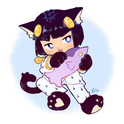 Rule 34 | 1boy, animal ear fluff, animal hands, black hair, blue eyes, bob cut, bruno bucciarati, cat boy, cat feet, cat tail, chibi, commentary, commission, english commentary, highres, jojo no kimyou na bouken, kitchupsandwich, long sleeves, male focus, open mouth, pants, shirt, short hair, signature, solo, stuffed animal, stuffed fish, stuffed toy, tail, white pants, white shirt