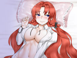 Rule 34 | 1girl, bed, blue eyes, blush, bow, braid, breasts, collared shirt, hair bow, highres, hong meiling, kuranosuke, large breasts, long hair, lying, navel, on back, pillow, red hair, shirt, smile, solo, touhou, unbuttoned, unbuttoned shirt, very long hair