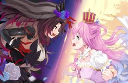 Rule 34 | 2girls, absurdres, breasts, brown hair, crown, dress, frills, highres, himemori luna, himemori luna (1st costume), hololive, large breasts, long hair, looking at another, multicolored hair, multiple girls, open mouth, opposing sides, pink hair, roboco-san, roboco-san (dark bride), router, satobitob, veil, virtual youtuber, wavy hair
