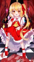 Rule 34 | 1girl, 1other, absurdres, ascot, blonde hair, chain, checkered floor, crystal, cuffs, curtains, fangs, flandre scarlet, highres, looking at viewer, mary janes, no headwear, nuts syake, open mouth, petticoat, puffy short sleeves, puffy sleeves, red eyes, red footwear, red skirt, ribbon, shoes, short sleeves, signature, sitting, skirt, skirt set, socks, solo focus, teeth, tile floor, tiles, touhou, vest, wings, wrist cuffs