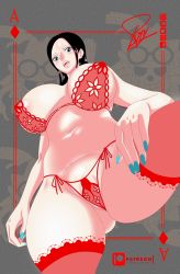 Rule 34 | 1girl, absurdres, black hair, boa hancock, breasts, cleavage, fingering, highres, huge breasts, jewelry, large breasts, long hair, one piece