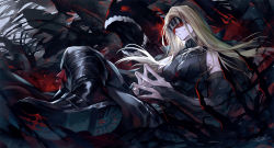 Rule 34 | 1boy, bare shoulders, belt, blind, blindfold, blonde hair, boots, collar, covered eyes, danhu, darkness, detached sleeves, eddie (guilty gear), floating, guilty gear, guilty gear strive, highres, long hair, lying, male focus, muscular, on back, own hands together, red eyes, shadow, signature, smirk, solo, teeth, zato-1