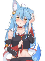 Rule 34 | 1girl, absurdres, ahoge, animal ears, bell, blue hair, blush, breasts, choker, cosplay, detached sleeves, heart, heart ahoge, highres, hololive, long hair, medium breasts, micon, midriff, navel, ookami mio, ookami mio (1st costume), ookami mio (cosplay), pointy ears, red choker, solo, tail, virtual youtuber, white background, wolf ears, wolf tail, yellow eyes, yukihana lamy