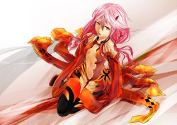 Rule 34 | 10s, 1girl, absurdres, bare shoulders, black thighhighs, breasts, center opening, cleavage, detached sleeves, fingerless gloves, gloves, guilty crown, hair ornament, hairclip, hands on own chest, highres, long hair, looking at viewer, miki (horoharo), miki (horop), navel, open mouth, pink hair, red eyes, sitting, small breasts, solo, thighhighs, twintails, wallpaper, yuzuriha inori