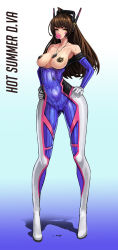 Rule 34 | 1girl, ahoge, blue bodysuit, bodysuit, breasts, brown eyes, brown hair, blowing bubbles, cameltoe, chewing gum, commentary, d.va (overwatch), dog tags, english commentary, facepaint, facial mark, hands on own hips, headphones, highres, hot, large breasts, long hair, long legs, no bra, off shoulder, overwatch, overwatch 1, pasties, pilot suit, platina1945, ribbed bodysuit, skin tight, solo, sweat, whisker markings, wide hips
