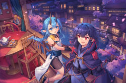 Rule 34 | 2girls, :d, :o, absurdres, against railing, ahoge, architecture, bad id, bad pixiv id, bike shorts, blue hair, blue sash, blush, breasts, cape, chair, character request, cherry blossoms, cleavage, cup, earrings, east asian architecture, gloves, hair tubes, highres, holding, holding smoking pipe, horns, indoors, japanese clothes, jewelry, kimono, kiseru, kohari (shichigatsu), lamppost, long hair, multiple girls, obi, oni, open mouth, original, petals, plant, pointy ears, potted plant, purple cape, purple hair, purple kimono, railing, red eyes, river, round table, sandals, sash, shichigatsu, sleeveless, sleeveless kimono, small breasts, smile, smoking pipe, table, teacup, teapot, tray, tree, white kimono, window