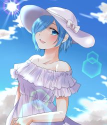 Rule 34 | 1girl, bare arms, bare shoulders, blue hair, blue sky, breasts, chii (sbshop), cloud, collarbone, commentary request, day, dress, frilled dress, frills, hair over one eye, hat, hat ribbon, kirishima touka, light blue hair, looking at viewer, medium breasts, open mouth, prism, ribbon, shadow, short hair, short sleeves, sky, solo, sun, sun hat, sunlight, tokyo ghoul, white dress, white ribbon