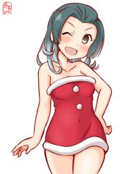 Rule 34 | 1girl, alternate costume, artist logo, bare shoulders, blush, breasts, christmas, collarbone, cowboy shot, dated, dress, kanon (kurogane knights), kantai collection, long hair, looking at viewer, one-hour drawing challenge, open mouth, red dress, simple background, small breasts, smile, solo, strapless, suzunami (kancolle), white background