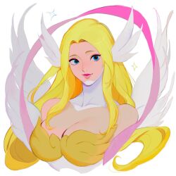 Rule 34 | 1girl, angel, angel wings, angewomon, armor, bare shoulders, blonde hair, blue eyes, breastplate, breasts, cleavage, digimon, digimon (creature), feathered wings, head wings, highres, large breasts, long hair, looking at viewer, no headwear, pink lips, pink ribbon, rae (hexedwithluck), ribbon, simple background, smile, solo, sparkle, upper body, white background, white wings, wings