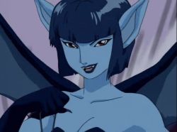Rule 34 | 1990s (style), 1boy, 1girl, animated, animated gif, armor, bare shoulders, bat wings, black hair, black lips, blue skin, breasts, claws, cleavage, collarbone, colored skin, demon girl, demon tail, demon wings, detonating, durahan (monster farm), explosion, fangs, holding, jewelry, knight, leotard, lilim (monster farm), lips, lipstick, living armor, makeup, monster farm, monster girl, naughty face, neck, night, night sky, open mouth, pendant, pixie (monster farm), pointy ears, screencap, short hair, sky, smile, spikes, strapless, demon girl, surprised, tail, talking, wings