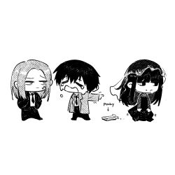 1girl 2boys 5a1_uei black_dress black_eyes black_hair blunt_bangs chibi chibi_only closed_eyes closed_mouth crying dress food full_body hair_between_eyes highres jacket long_hair looking_at_another looking_to_the_side monochrome multiple_boys nagumo_(sakamoto_days) necktie open_mouth osaragi_(sakamoto_days) pants pocky raised_eyebrow sakamoto_days shirt shishiba_(sakamoto_days) short_hair sidelocks simple_background standing streaming_tears tears veil white_background