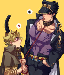 Rule 34 | 2boys, age regression, animal ears, belt collar, black hair, blonde hair, blue eyes, cape, capelet, cat ears, cat tail, chain, child, collar, dio brando, fang, gakuran, hands in pockets, hat, highres, jacket, jojo no kimyou na bouken, kemonomimi mode, kuujou joutarou, large pectorals, leash, leash pull, less end, long coat, male focus, multiple boys, muscular, muscular male, pectorals, school uniform, spoken blood, spoken squiggle, squiggle, stardust crusaders, tail, yellow jacket, aged down
