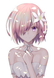 Rule 34 | 1girl, bandeau, bare shoulders, besmiled, breasts, closed mouth, collarbone, dappled sunlight, fate/grand order, fate (series), flower, hair flower, hair ornament, hair over one eye, hand on own chest, looking at viewer, mash kyrielight, mash kyrielight (formal dress), medium breasts, official alternate costume, pink hair, purple eyes, short hair, simple background, smile, solo, sunlight, upper body, white background, white flower