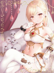 Rule 34 | 1girl, armpits, warrior of light (ff14), bandeau, bare shoulders, blonde hair, bracelet, breasts, dancer (final fantasy), ear piercing, elbow gloves, fictional persona, final fantasy, final fantasy xiv, garter straps, gloves, gold trim, hand up, jewelry, kanora, loincloth, looking at viewer, medium hair, midriff, navel, necklace, orange eyes, ornate ring, parted lips, pelvic curtain, piercing, revealing clothes, ring, sitting, skull, small breasts, solo, stomach, strapless, thighhighs, tube top, white gloves, white theme, white thighhighs