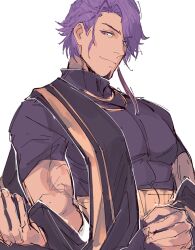 Rule 34 | 1boy, black shirt, duryodhana (fate), earrings, facial hair, fate/grand order, fate (series), goatee, goatee stubble, highres, jewelry, looking at viewer, male focus, mature male, murkablyad, muscular, muscular male, necklace, purple eyes, purple hair, sash, shirt, short hair, shoulder sash, simple background, single earring, smile, solo, stubble, upper body, white background
