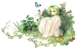 Rule 34 | 1girl, bad id, bad pixiv id, bare shoulders, barefoot, bug, butterfly, dress, grass, green hair, highres, insect, legs, mouse (animal), original, plant, short hair, simple background, sitting, solo, sundress, tb (lycoris13), vines, white background, yellow eyes