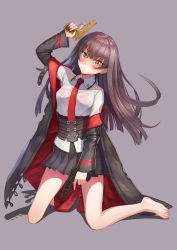 Rule 34 | 1girl, absurdres, arm up, barefoot, black coat, black corset, black skirt, blush, breasts, brown eyes, brown hair, closed mouth, coat, corset, full body, girls&#039; frontline, grey background, gun, handgun, hebai xiaochuan, highres, holding, holding gun, holding weapon, holstered, kneeling, long hair, long sleeves, looking at viewer, medium breasts, necktie, no shoes, nz75 (girls&#039; frontline), cz 75, open clothes, open coat, red necktie, see-through, see-through shirt, shirt, skirt, solo, weapon, white shirt