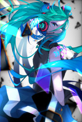 Rule 34 | 1girl, 39, absurdres, blue eyes, blue eyeshadow, blue hair, blue skirt, breasts, commentary, eyeshadow, floating hair, goma irasuto, hatsune miku, headphones, highres, hologram, long hair, looking back, looking down, makeup, signature, skirt, small breasts, solo, twintails, v-shaped eyebrows, vocaloid