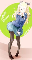 Rule 34 | 10s, 1girl, assam (girls und panzer), black footwear, black necktie, black pantyhose, black ribbon, blonde hair, blowing kiss, blue eyes, blue skirt, blue sweater, commentary, dress shirt, emblem, english text, girls und panzer, hair pulled back, hair ribbon, hand on leg, hand on own leg, hand on own thigh, hand on thigh, happy birthday, heart, highres, light smile, loafers, long hair, long sleeves, looking at viewer, miniskirt, necktie, one eye closed, pantyhose, parted lips, pleated skirt, ribbon, sasaki akira (ugc), school uniform, shirt, shoes, skirt, solo, st. gloriana&#039;s (emblem), st. gloriana&#039;s school uniform, standing, sweater, v-neck, white shirt, wing collar